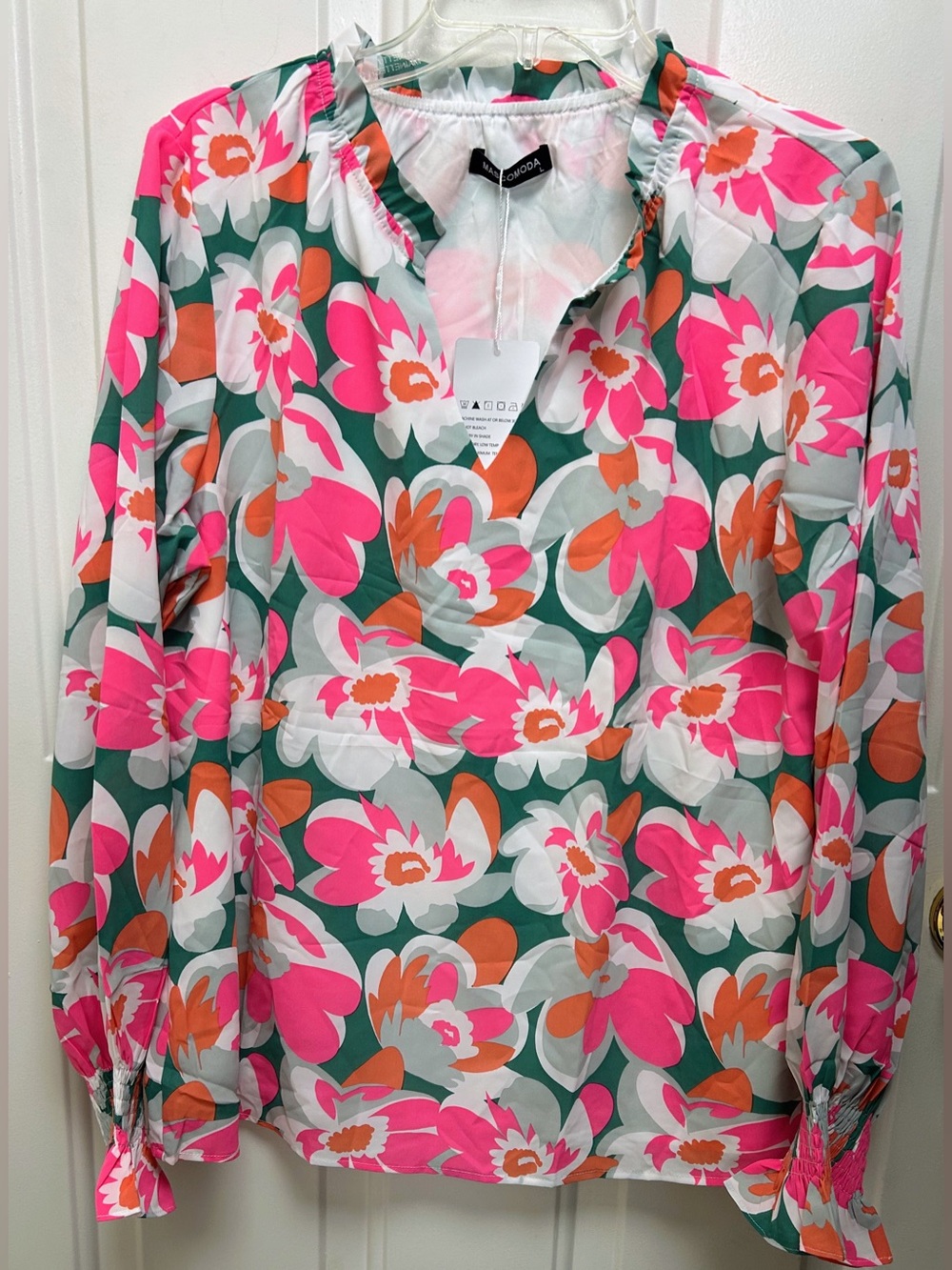 Mascomoda Floral V-Neck Long-Sleeve Blouse - Pink Green - Picture 2 of 8
